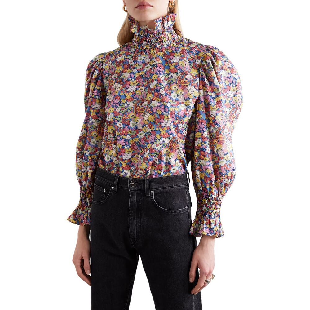 Horror Vacui Collia Floral 100% Cotton Poplin High Neck Ruffle Blouse Size XS